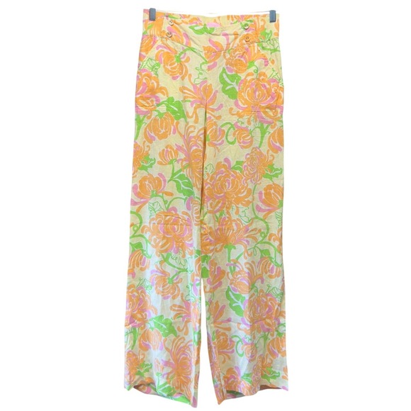 Lilly Pulitzer Pants - Lilly Pulitzer Gia Printed Linen Pants Yellow Floral Wide Leg Small NWT